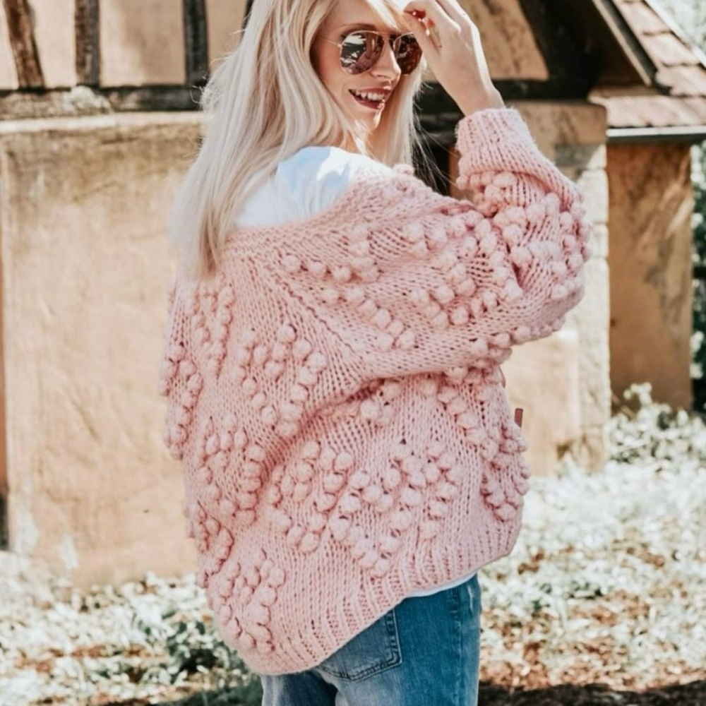 ChicWish Knit Your Love Baby Pink Oversized Heart Popcorn Cardigan Sweater